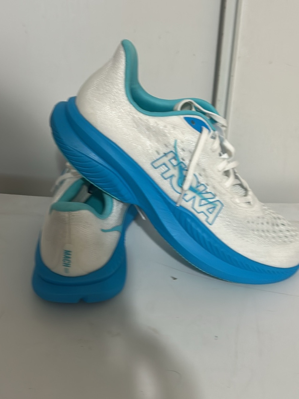 Hoka Kids White and Turquoise Blue Running Sneakers